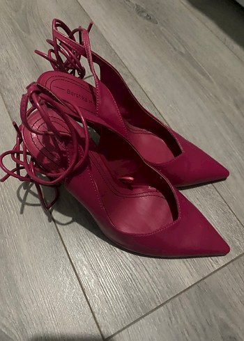 Pembe Deri Bağcıklı Stiletto Topuklu Kadın Ayakkabı - Görsel 2
