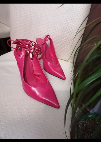 Pembe Deri Bağcıklı Stiletto Topuklu Kadın Ayakkabı - Görsel 4