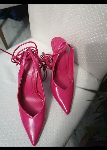 Pembe Deri Bağcıklı Stiletto Topuklu Kadın Ayakkabı - Görsel 6