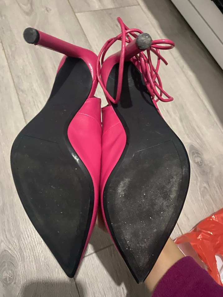 Pembe Deri Bağcıklı Stiletto Topuklu Kadın Ayakkabı - Görsel 3