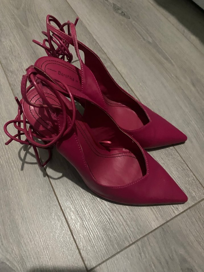 Pembe Deri Bağcıklı Stiletto Topuklu Kadın Ayakkabı - Görsel 2