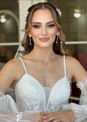 Bej V Yakalı Uzun A Kesim Gelinlik - Görsel 4