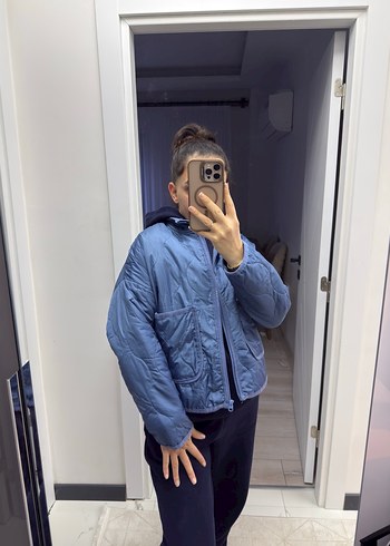 Düğmeli Mavi Kadın Keten Ceket - Görsel 4