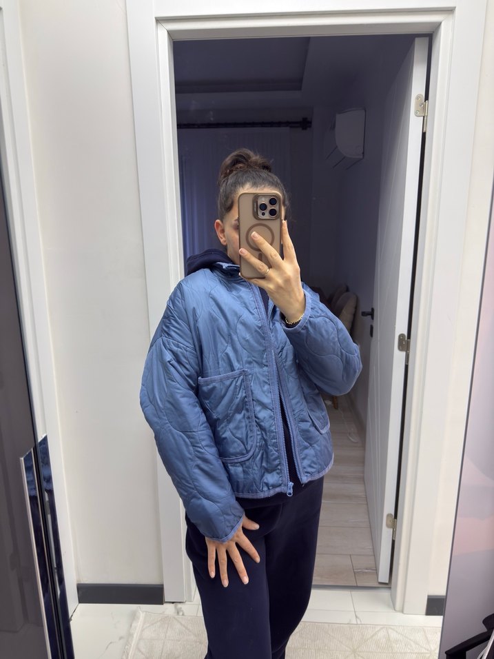 Düğmeli Mavi Kadın Keten Ceket - Görsel 4