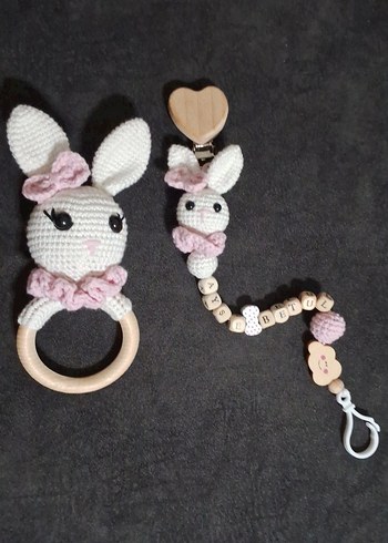 Pembe Pastel Tavşan Diş Kaşıyıcı ve Çıngırak Seti - Görsel 2