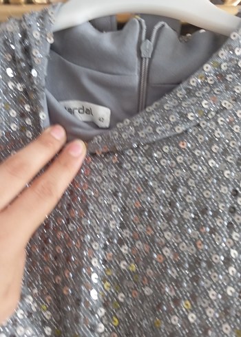 Gri Uzun Kollu Payet İşlemeli Abiye Elbise - Görsel 5