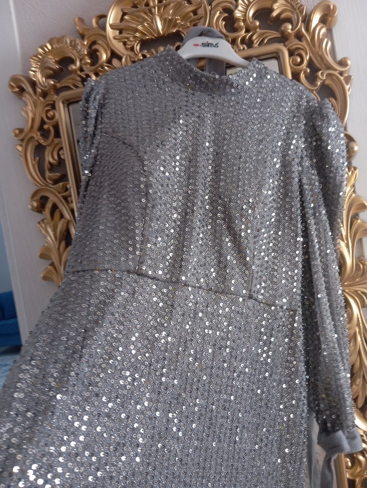 Gri Uzun Kollu Payet İşlemeli Abiye Elbise - Görsel 4