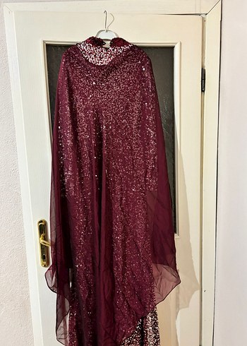 Bordo Uzun Kollu Drapeli Kadın abiye - Görsel 5