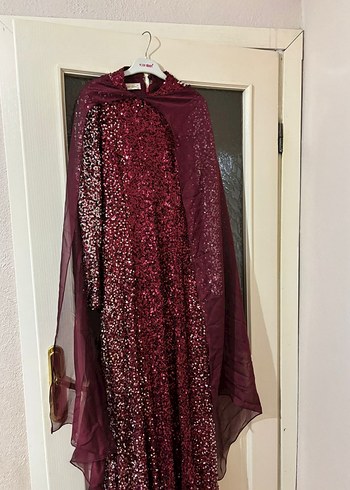 Bordo Uzun Kollu Drapeli Kadın abiye - Görsel 7