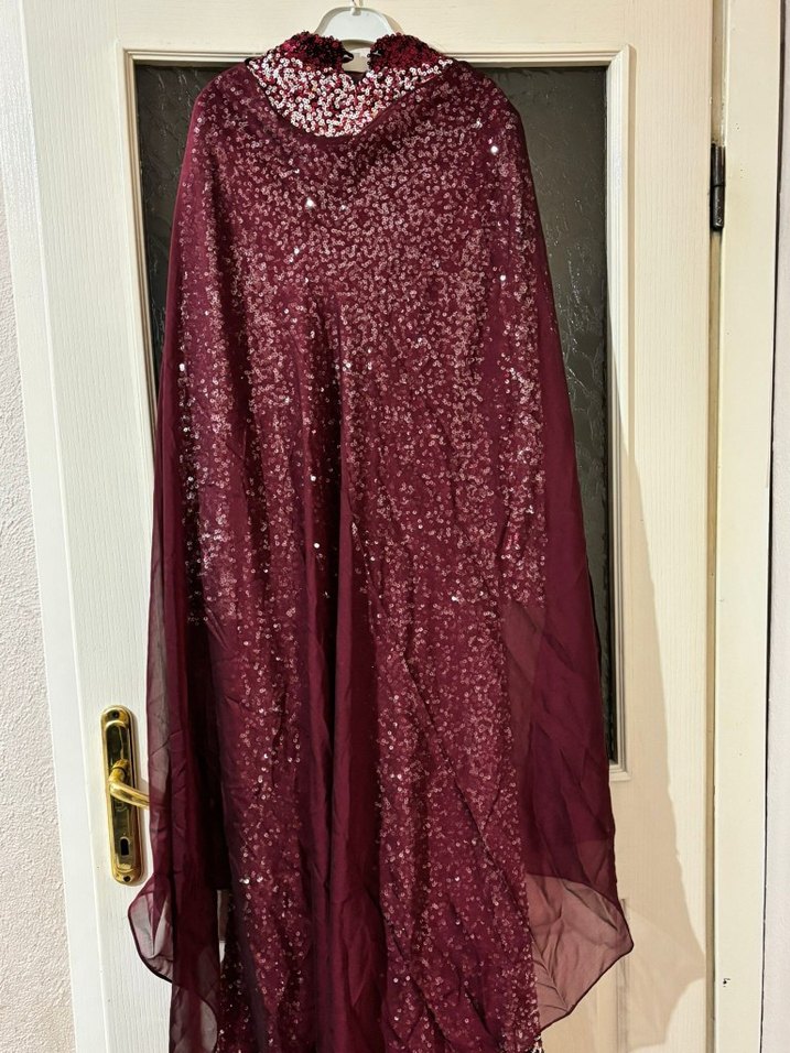 Bordo Uzun Kollu Drapeli Kadın abiye - Görsel 4