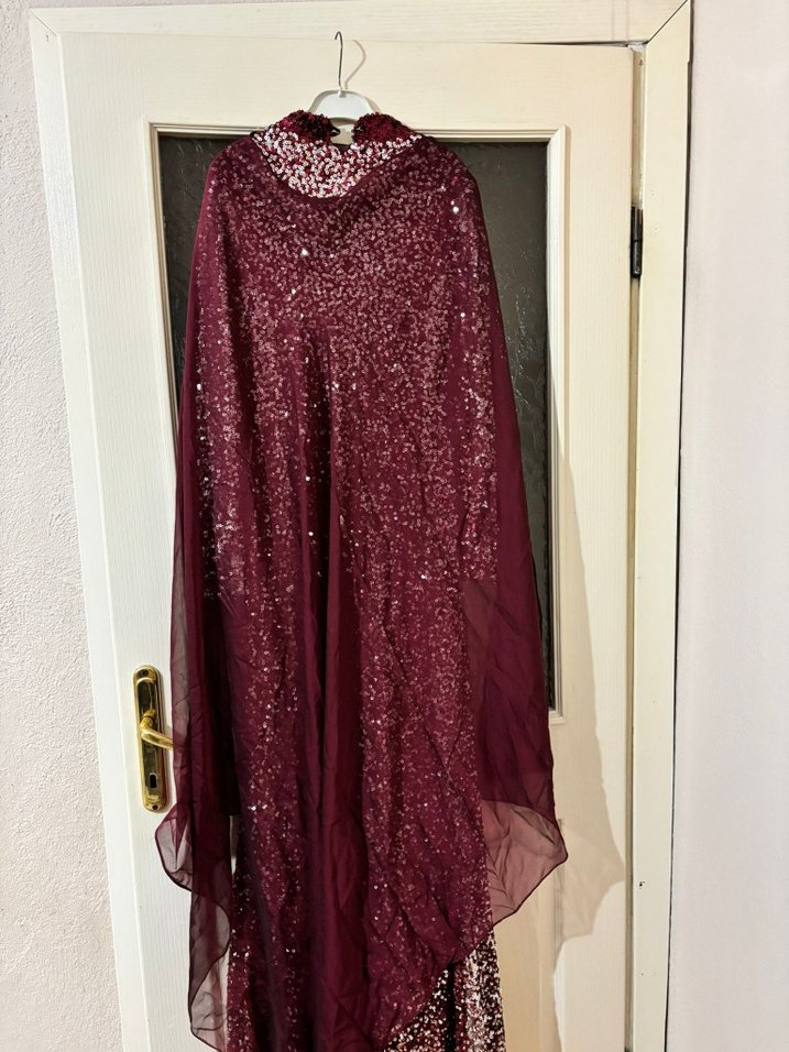 Bordo Uzun Kollu Drapeli Kadın abiye - Görsel 5