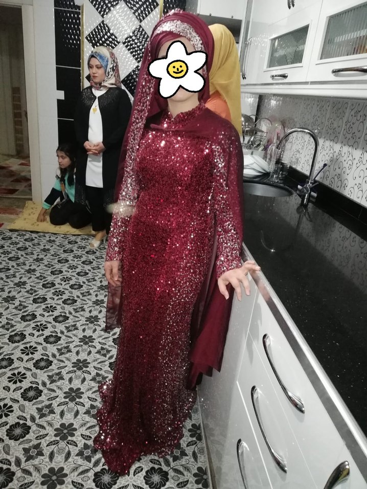 Bordo Uzun Kollu Drapeli Kadın abiye - Görsel 2