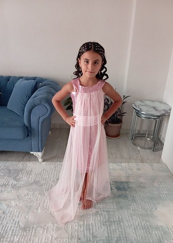 Pembe Drapeli Askılı Çocuk Abiye Elbise - Görsel 2