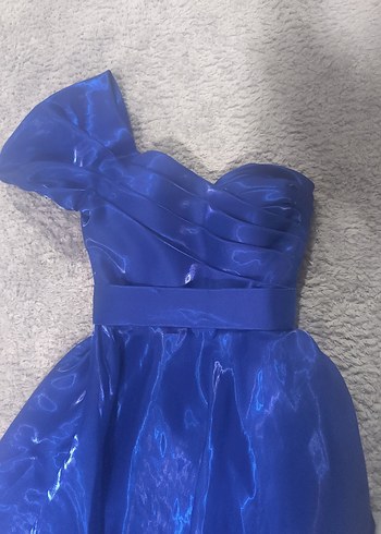 Mavi Uzun Askılı Drapeli Kadın Abiye - Görsel 7