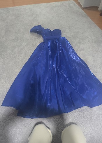 Mavi Uzun Askılı Drapeli Kadın Abiye - Görsel 4