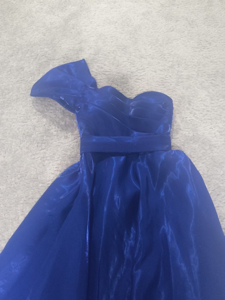 Mavi Uzun Askılı Drapeli Kadın Abiye - Görsel 5