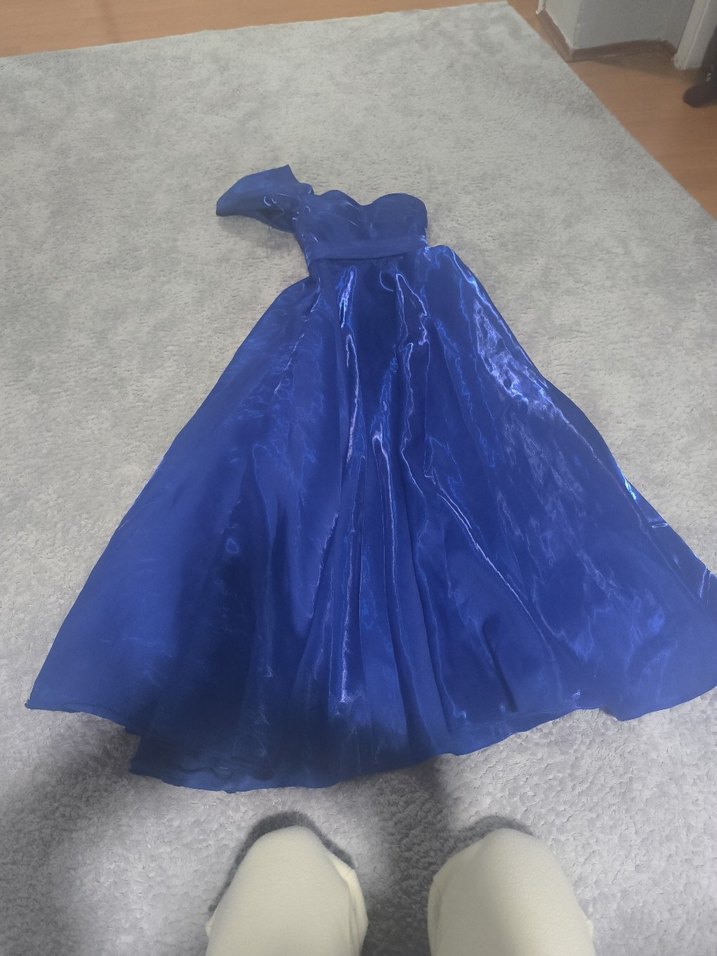 Mavi Uzun Askılı Drapeli Kadın Abiye - Görsel 4