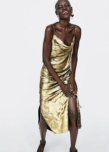 xs Beden Zara Gold Gece Elbisesi