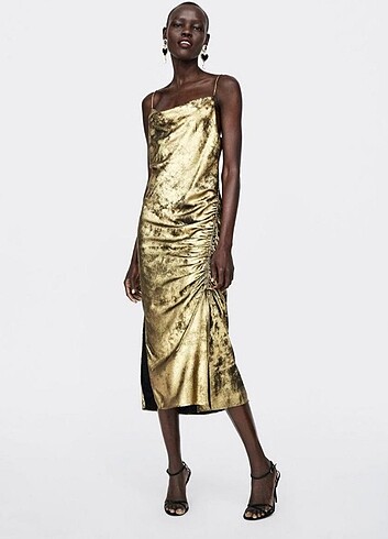 xs Beden altın Renk Zara Gold Gece Elbisesi