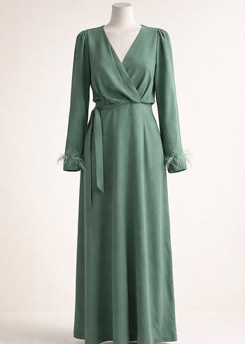 Uzun Kol Drapeli Yeşil Kadın Elbise - Görsel 2