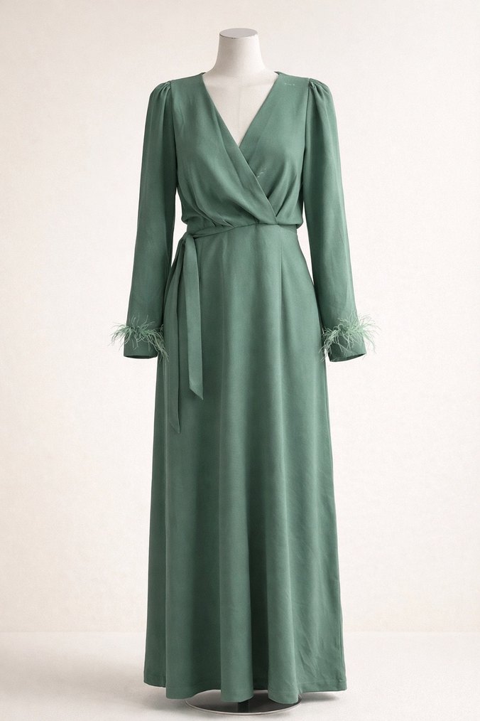 Uzun Kol Drapeli Yeşil Kadın Elbise - Görsel 2