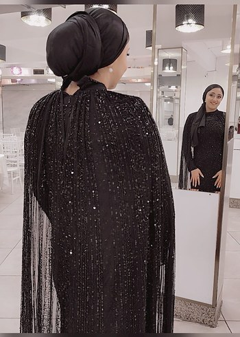 Siyah İşlemeli Uzun Kollu Kadın Abiye Elbise - Görsel 4