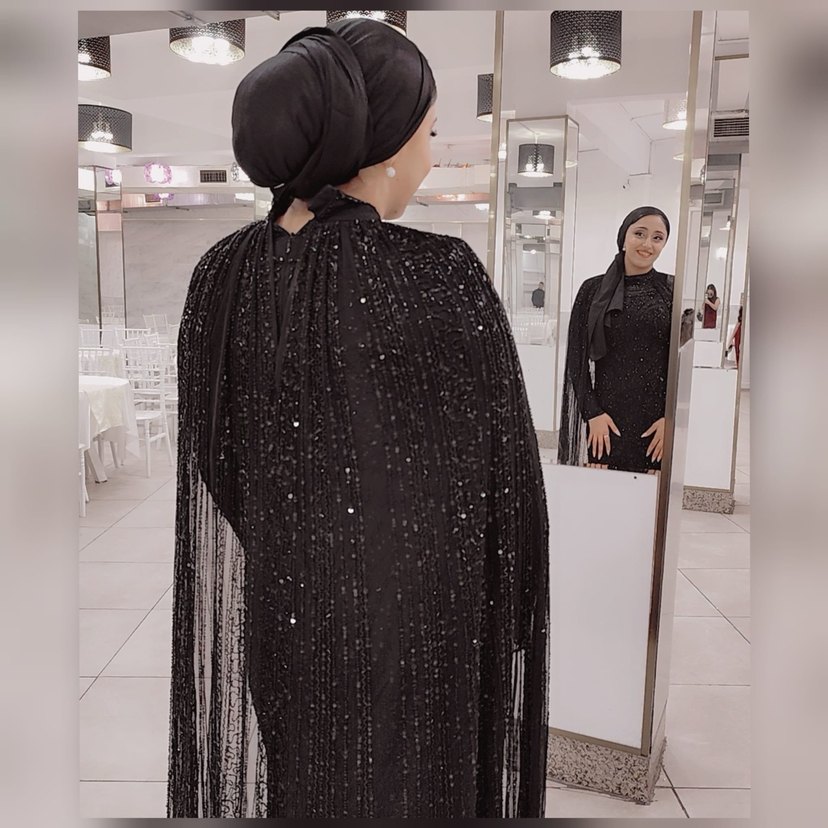 Siyah İşlemeli Uzun Kollu Kadın Abiye Elbise - Görsel 4