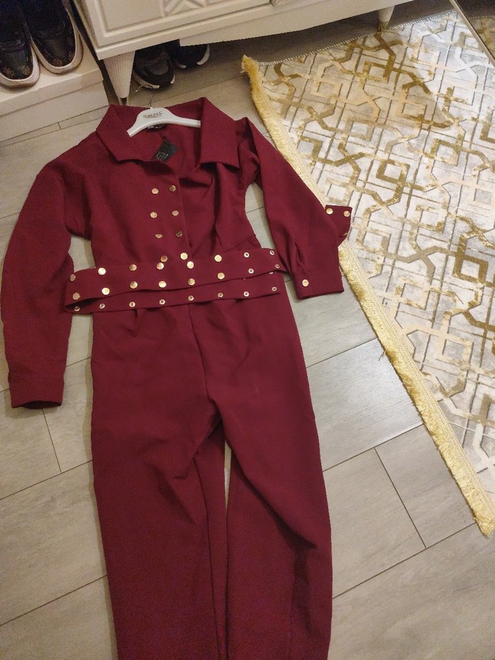 Bordo Düğmeli Kadın Tulum - Görsel 2