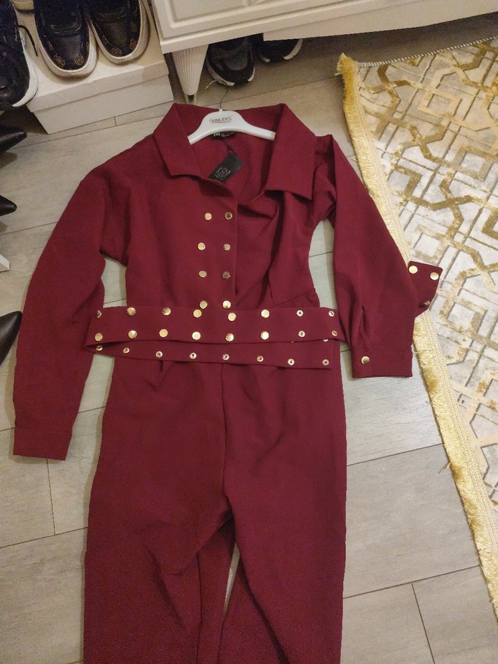 Bordo Düğmeli Kadın Tulum - Görsel 3