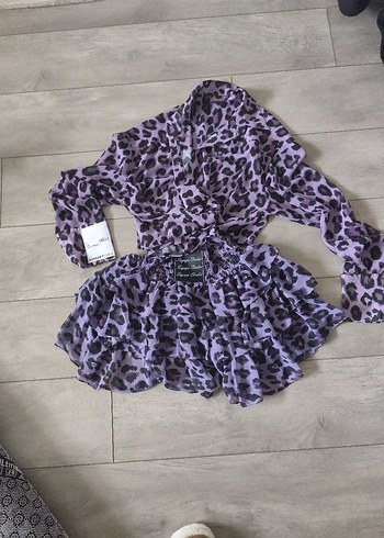 Sagaza Mor Leopar Desenli Kemerli Mini Elbise - Görsel 3