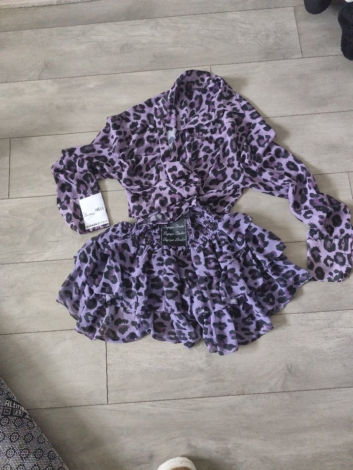 Sagaza Mor Leopar Desenli Kemerli Mini Elbise - Görsel 3