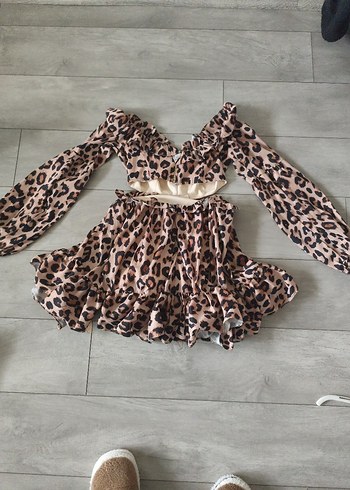 sagaza Leopar Desenli Kahverengi Mini Elbise - Görsel 3