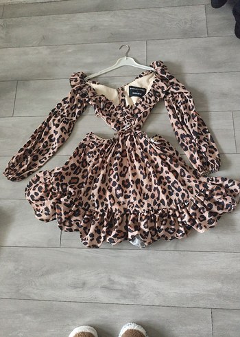 sagaza Leopar Desenli Kahverengi Mini Elbise - Görsel 2