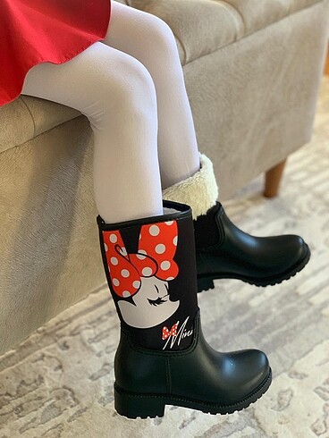 Çocuk minnie mouselu katlanılabilir içi kürklü yağmur çizmesi