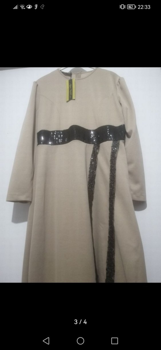 Bej Uzun Kollu Kemer Detaylı Kadın Elbise - Görsel 3