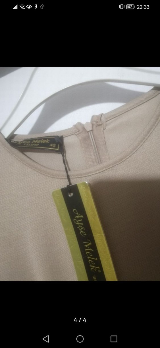 Bej Uzun Kollu Kemer Detaylı Kadın Elbise - Görsel 4