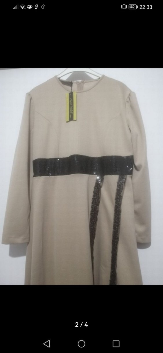 Bej Uzun Kollu Kemer Detaylı Kadın Elbise - Görsel 2