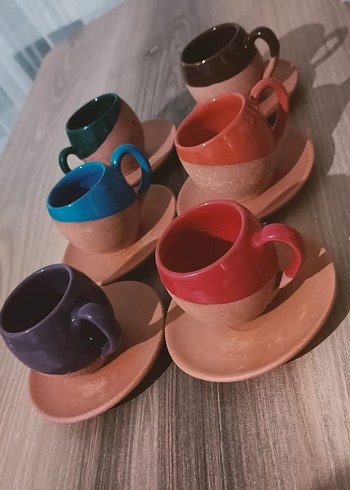 Renkli Kulplu Toprak Tonlu Fincan ve Tabak Seti - Görsel 3
