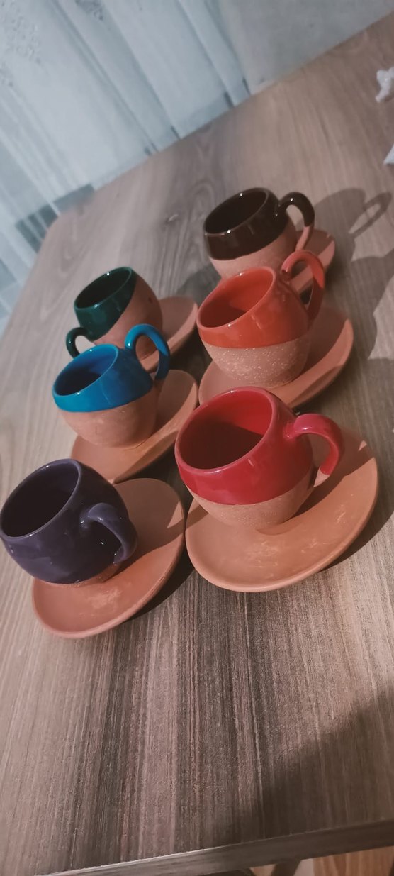 Renkli Kulplu Toprak Tonlu Fincan ve Tabak Seti - Görsel 3