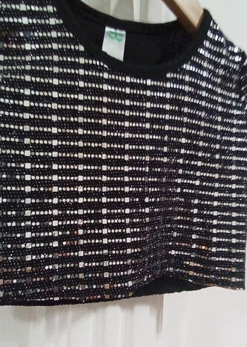 s Beden siyah Renk Parlak Payetli Siyah Mini Crop Top
