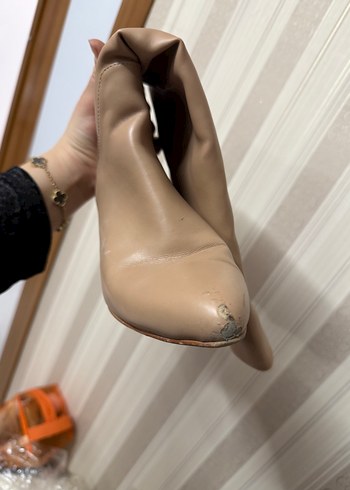 Bej Deri Stiletto Topuklu Kadın Çizme - Görsel 4