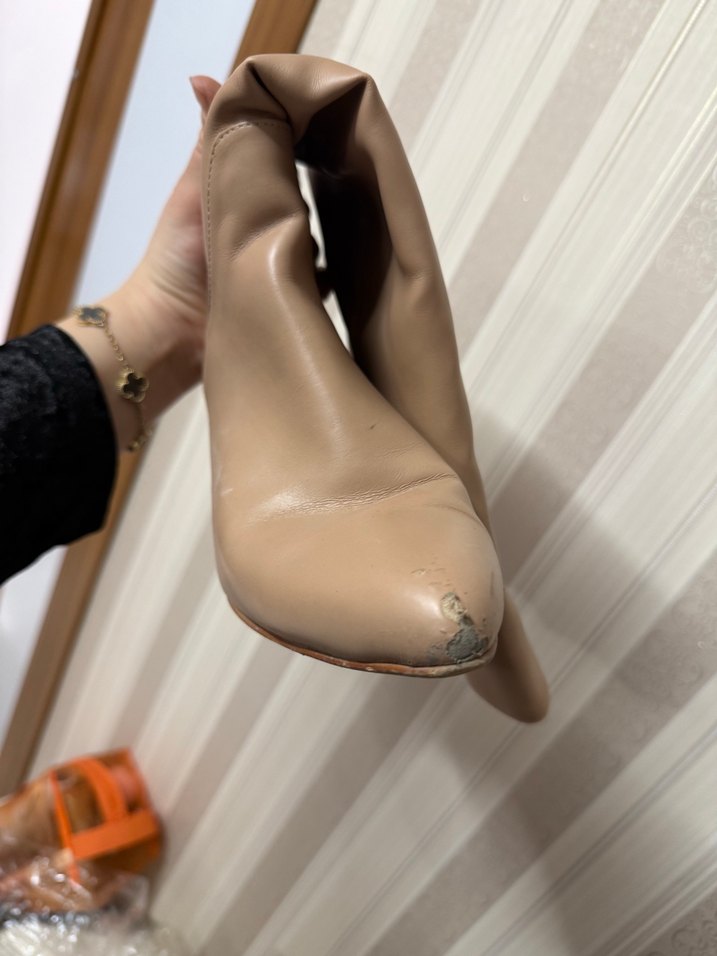 Bej Deri Stiletto Topuklu Kadın Çizme - Görsel 4