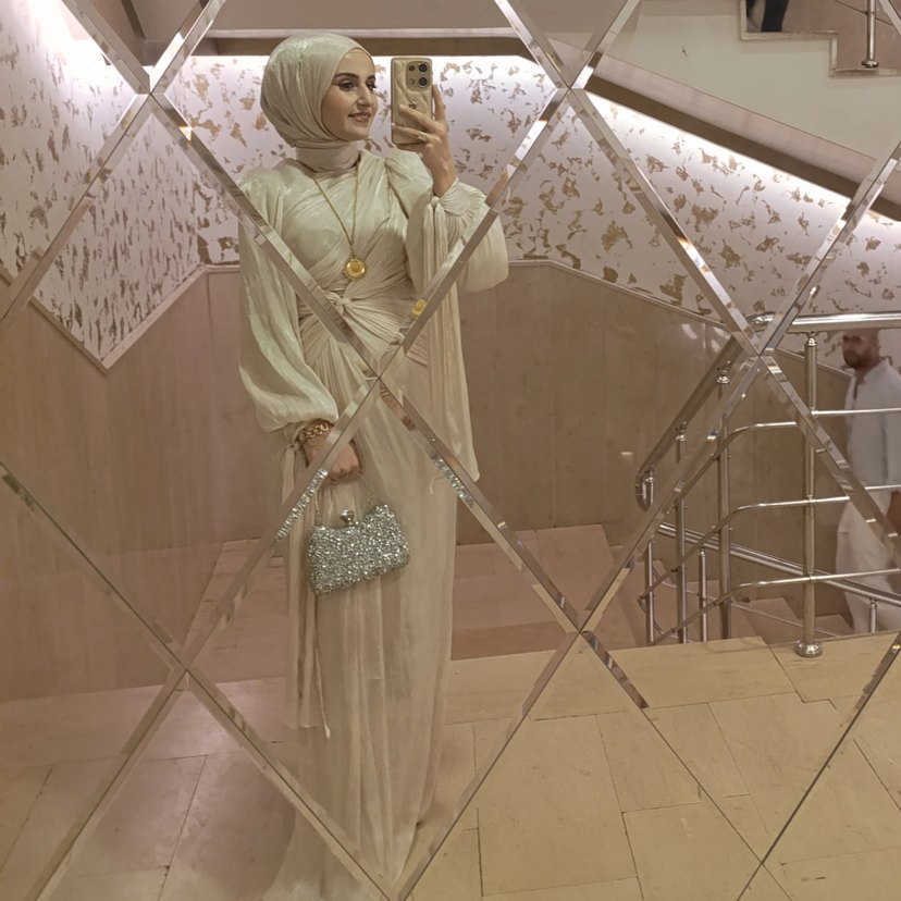 Beyaz Uzun Keten Elbise Drapeli Yüksek Yakalı - Görsel 2