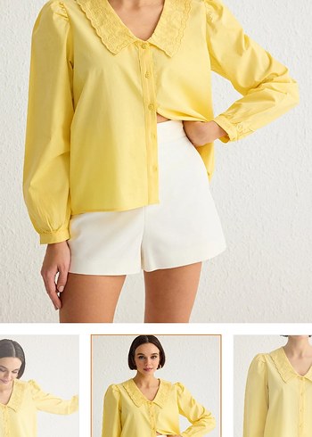 Sarı V Yaka Düğmeli Pamuklu Mini Gömlek - Görsel 2