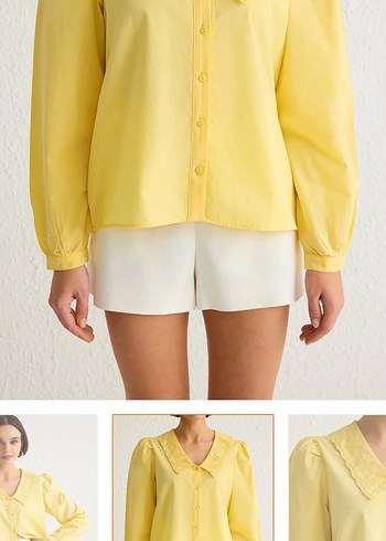 Sarı V Yaka Düğmeli Pamuklu Mini Gömlek - Görsel 3