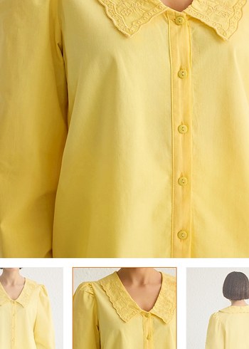 Sarı V Yaka Düğmeli Pamuklu Mini Gömlek - Görsel 4