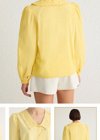 Sarı V Yaka Düğmeli Pamuklu Mini Gömlek - Görsel 5