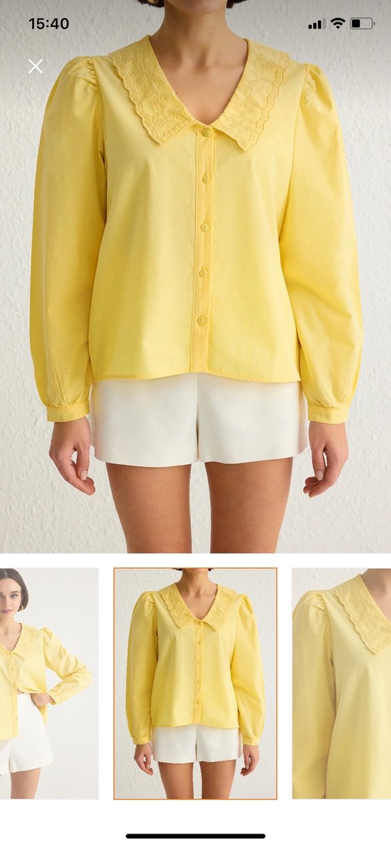 Sarı V Yaka Düğmeli Pamuklu Mini Gömlek - Görsel 3