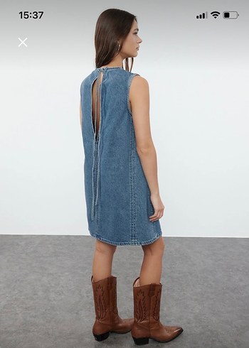 Kolsuz Lacivert Denim Midi Elbise - Görsel 5