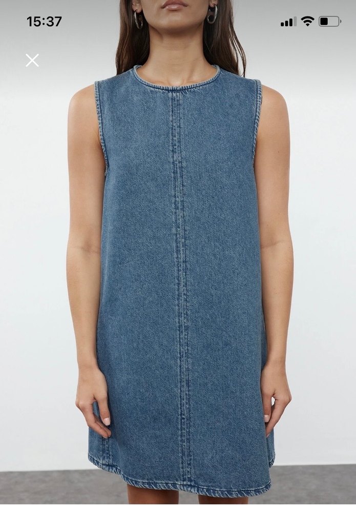 Kolsuz Lacivert Denim Midi Elbise - Görsel 3